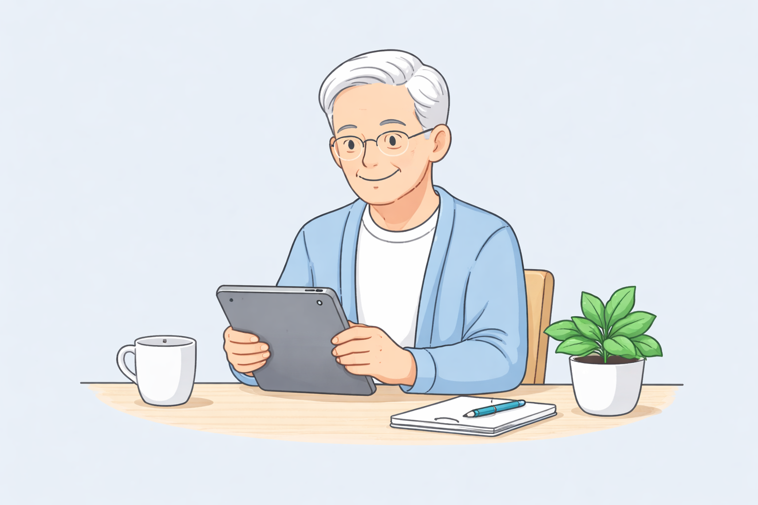 Older adult comfortably using a tablet with a calm, friendly expression